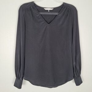 Trina Turk Size S Silk Blouse Long Sleeve V-Neck Minimalist Solid Black